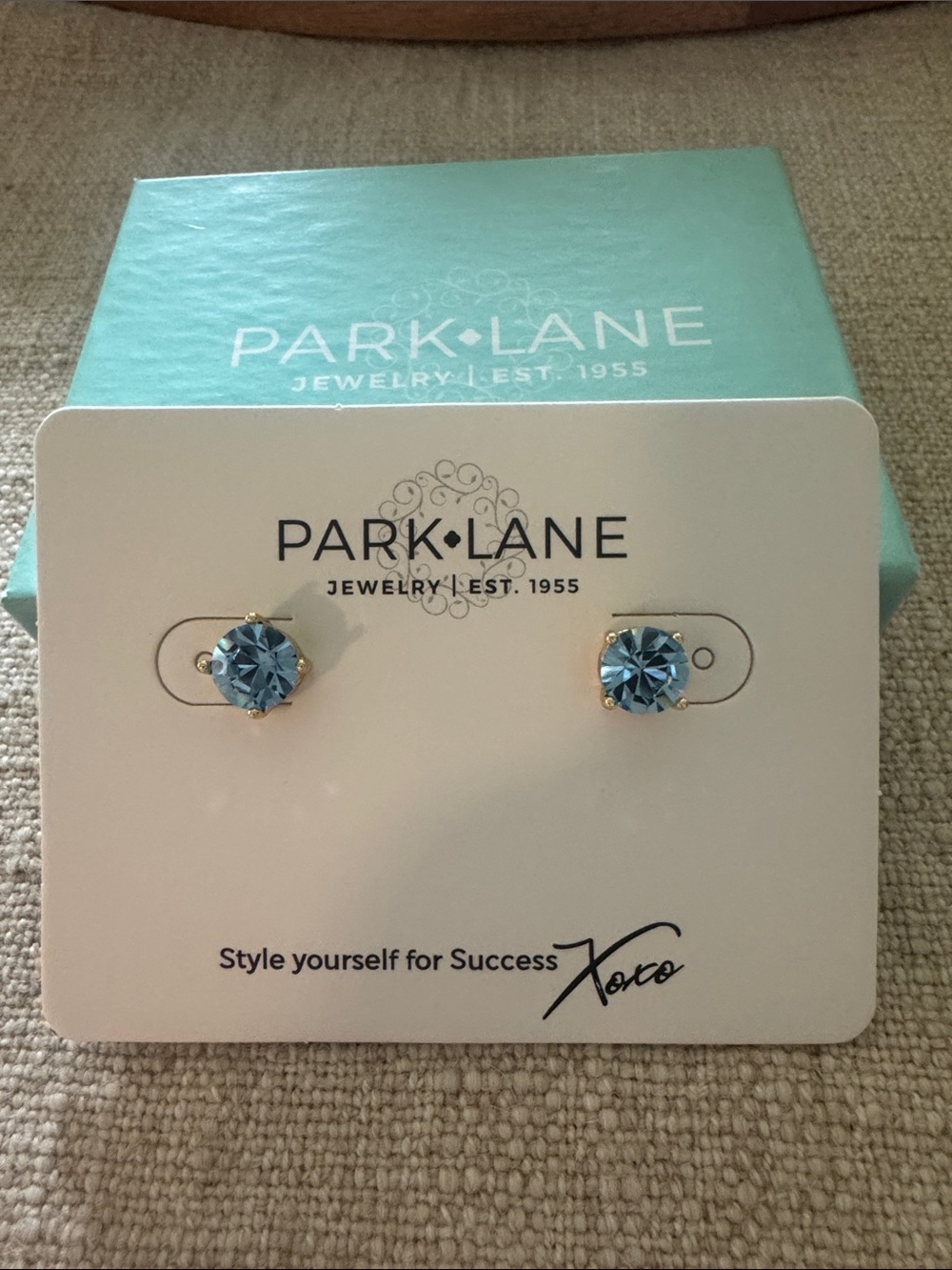 Park Lane Blue Crystal Stud Earrings - Gold Setting. NIB